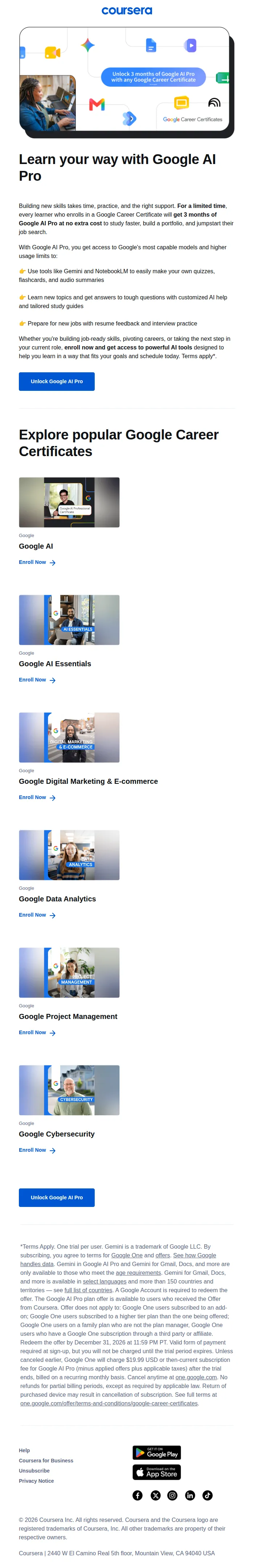 Coursera email: Don't miss 3 months of Google AI Pro at no extra cost ✨