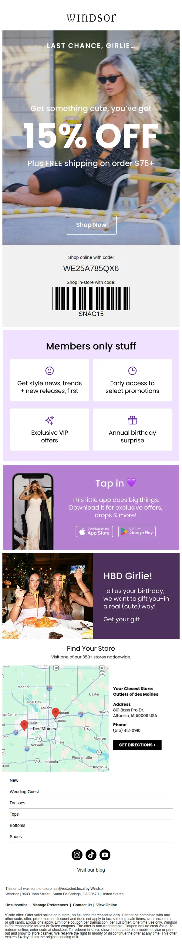Windsor VIP email: FYI, your 15% off is about to expire.