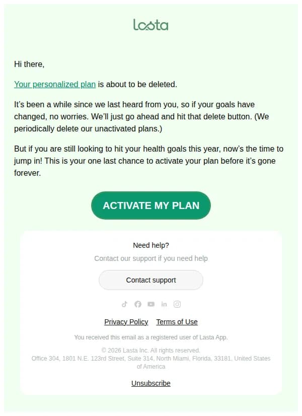 Lasta email: Your plan is about to be deleted — act now!