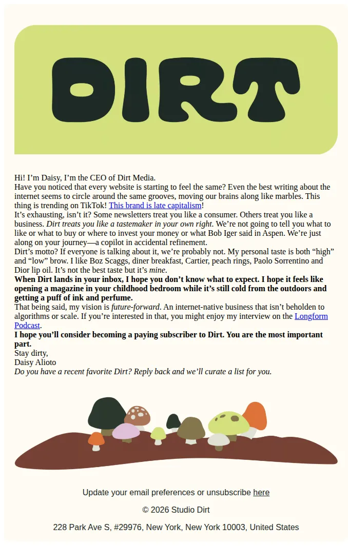 Dirt email: 🍄 Welcome to dirt.fyi