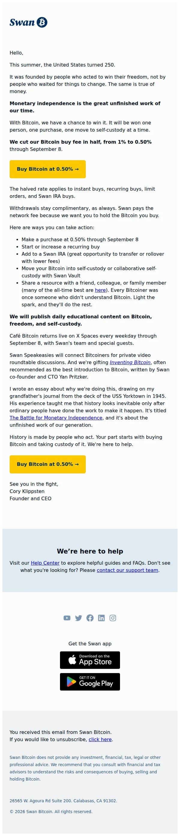 Swan Bitcoin email: Swan fees cut in half (details inside)