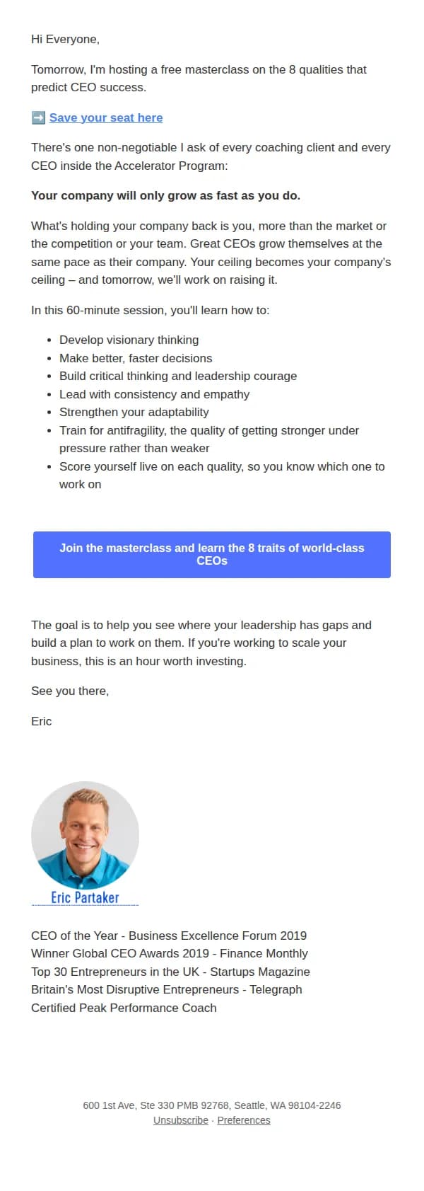 Eric Partaker email: Tomorrow: 8 CEO Qualities Masterclass (Free)
