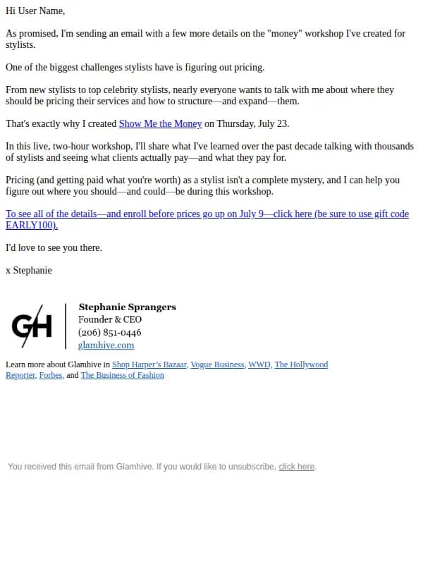 Stephanie Spragers email: Glamhive Workshop: 'Show Me the Money' — Your Invite