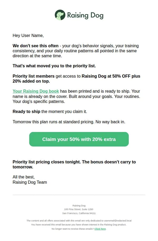 Raising Dog email: Your account - #RD6K4M2 is on a priority list now