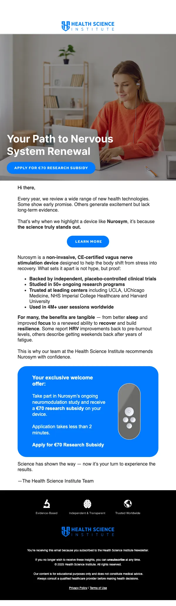 Health Science Institute email: €70 off Nurosym — limited study offer