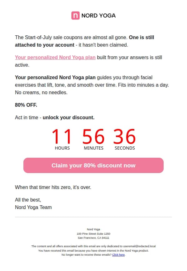 Nord Yoga email: Your Start-of-July coupon is still unclaimed