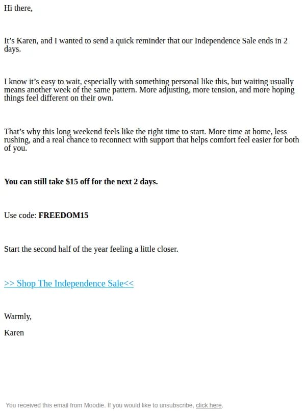 Moodie email: The sale ends tomorrow