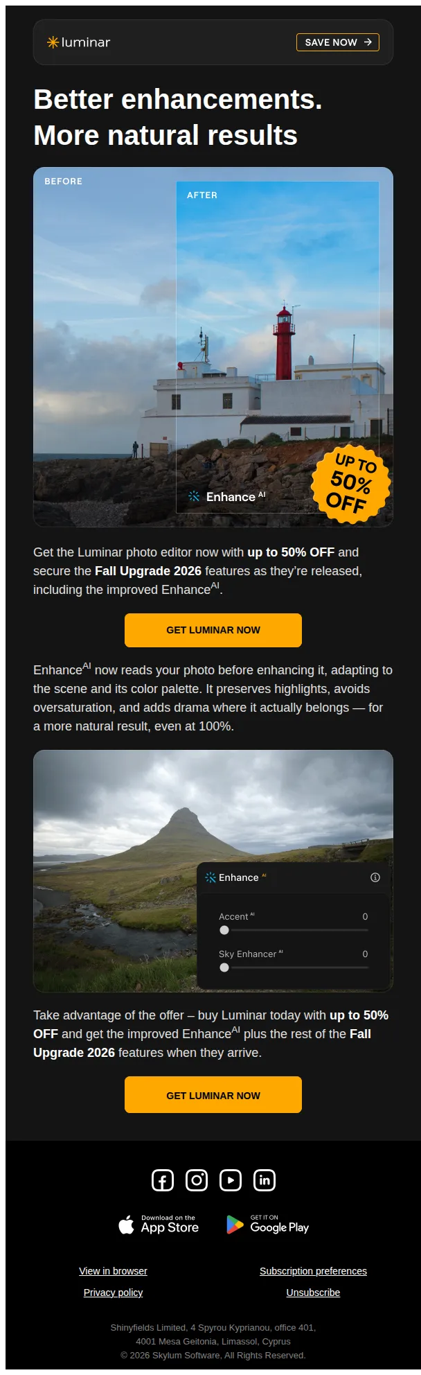 Luminar email: Improve any photo with Enhance AI 2.0✨
