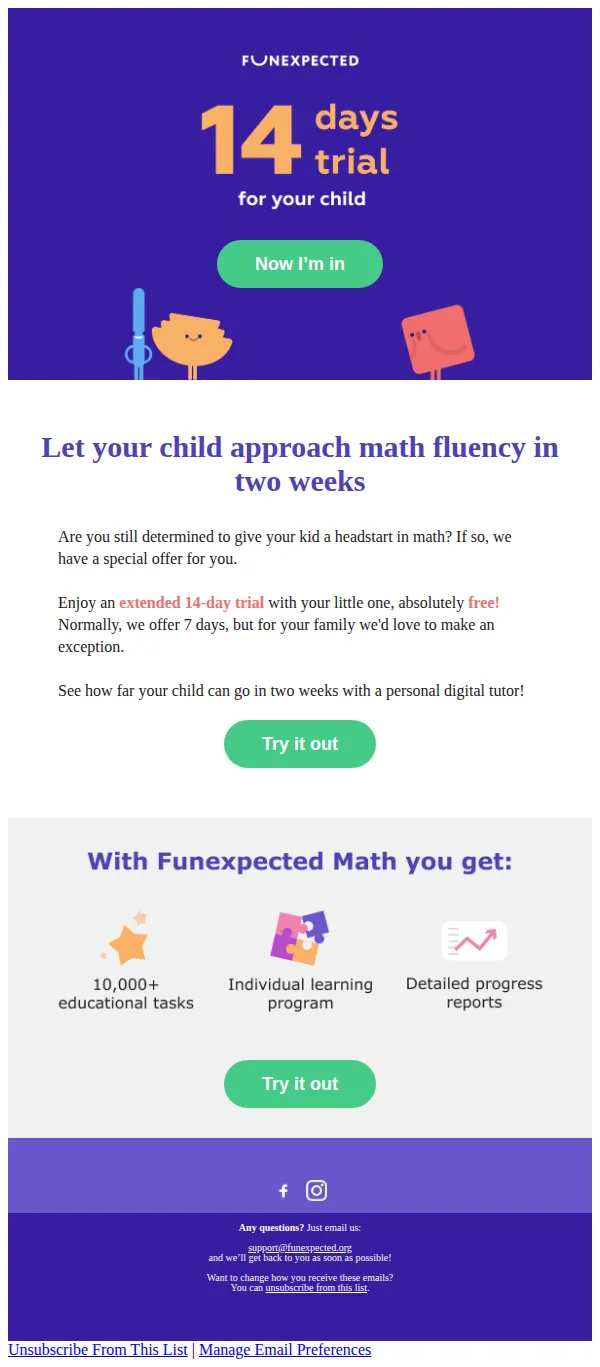 Funexpected Math email: Don’t miss: 14-day trial period extended for your family