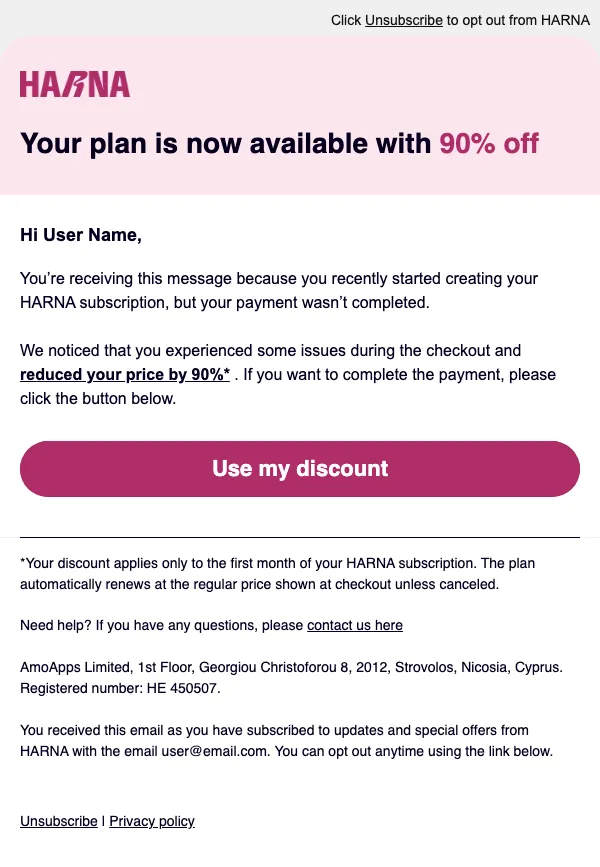HARNA email: Your plan is now available with 90% off