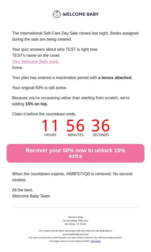 Welcome Baby email: Your Welcome Baby book #WBF57VQ0 will be deleted tonight