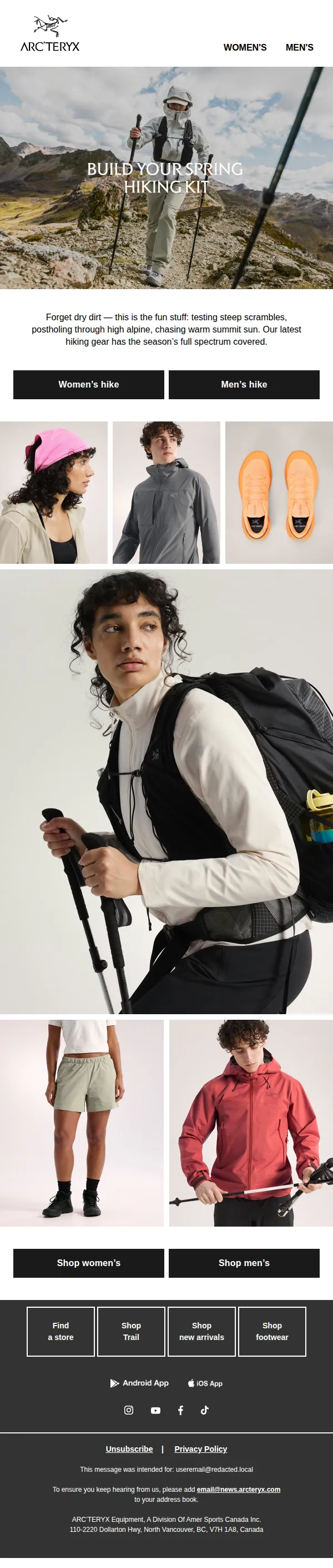 Arc'teryx email: Head-to-toe gear for spring hikes