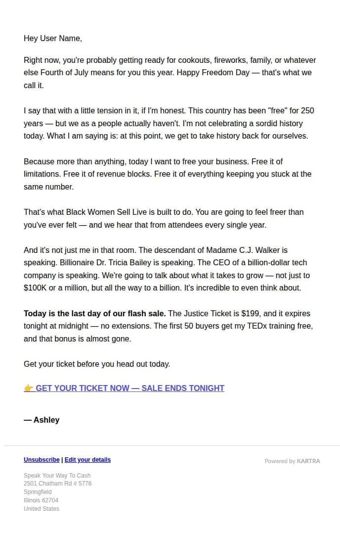 Ashley Kirkwood email: This is the last day, User Name