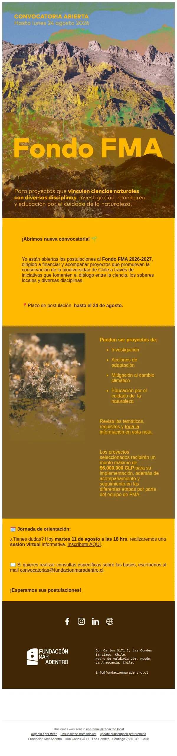 Fundacion Mar Adentro email: Fondo FMA 2026-2027: Postulación de proyectos por el cuidado de la naturaleza ⛰️