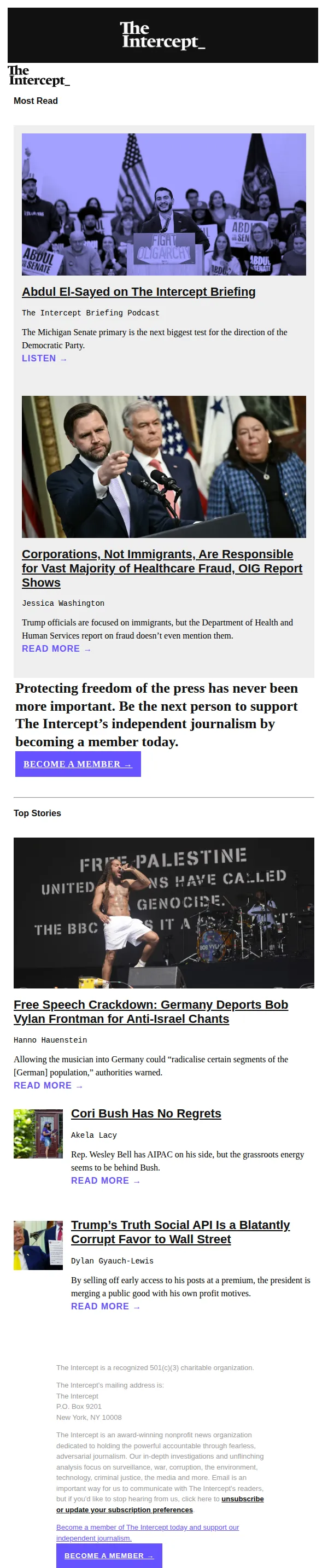 The Intercept email: Free Speech Crackdown: Germany Deports Bob Vylan Frontman for Anti-Israel Chants