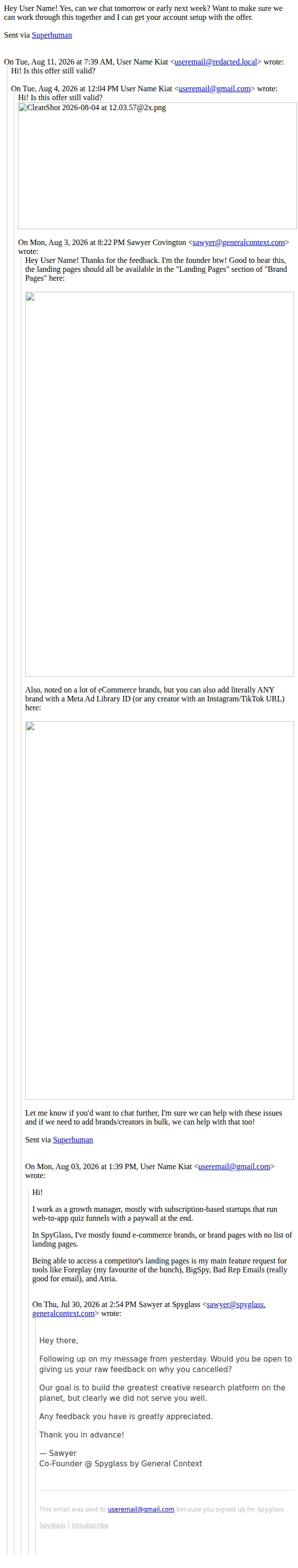 Sawyer at Spyglass email: Re: Spyglass feedback?
