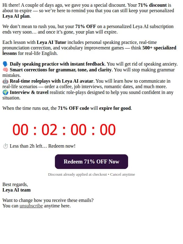 Leya AI email: Fwd: action required (Leya AI English Tutor)