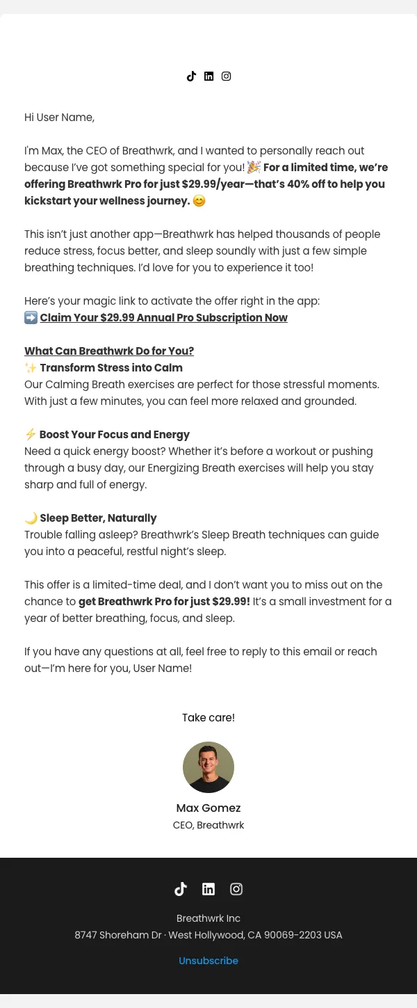 Breathwrk email: How about a year of better breathing, better focus, and better sleep for $29.99?