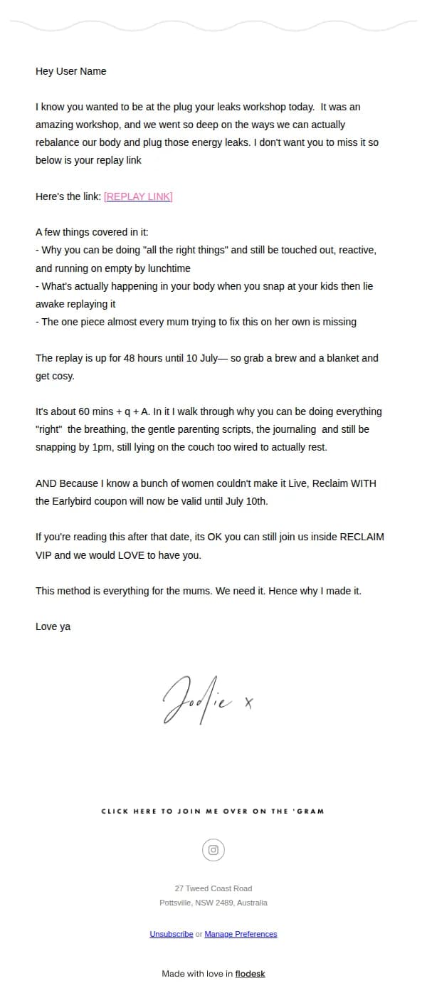 Jodie Frieling email: Plug Your Leaks Replay!