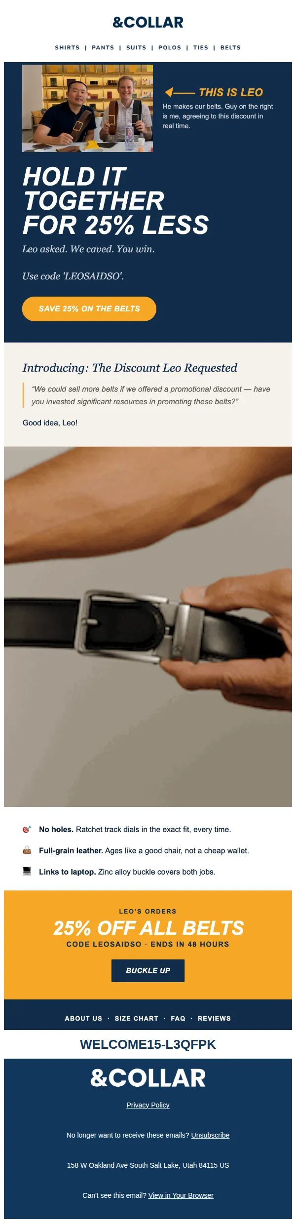 &Collar email: Leo said discount belts by 25%
