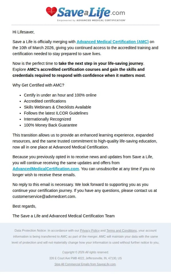 Save a Life email: Important Update: Save a Life is Joining Advanced Medical Certification