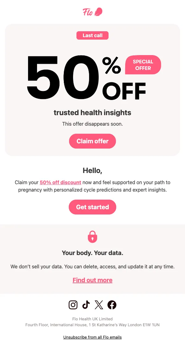 Flo email: Hurry — 50% off ends soon!