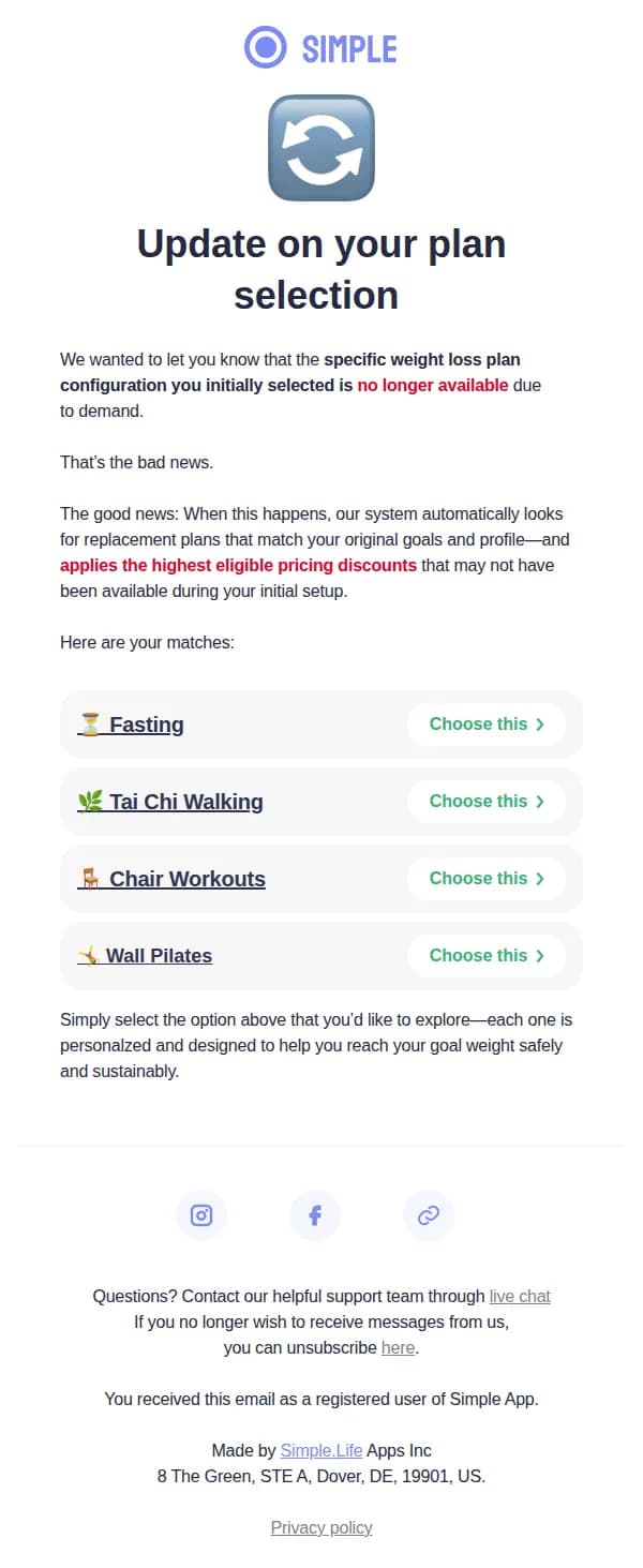 Simple email: Your plan sold out