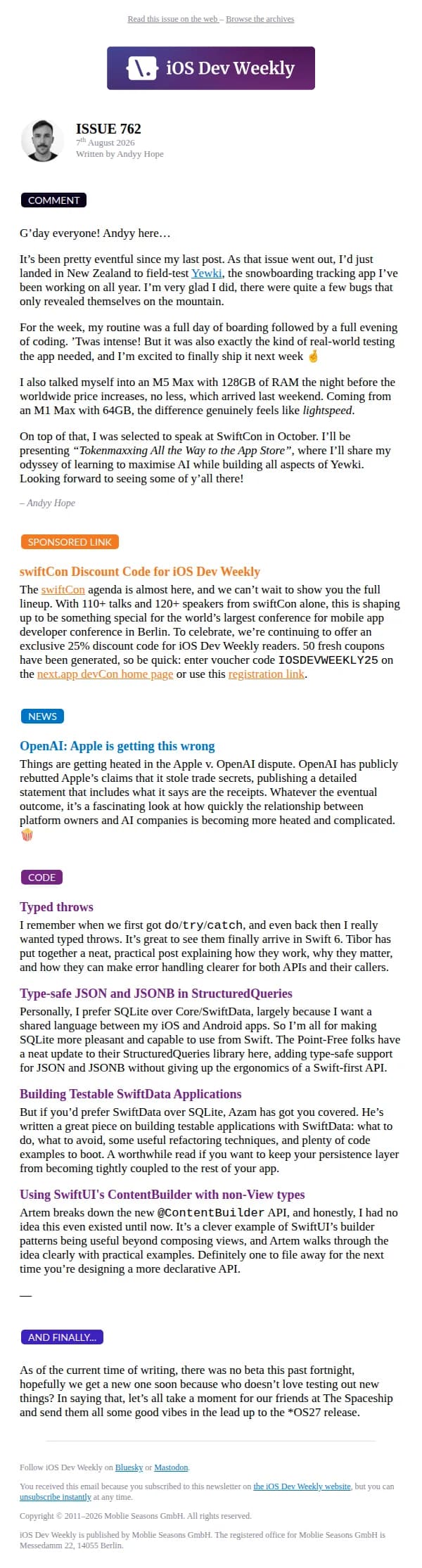 iOS Dev Weekly email: iOS Dev Weekly - Issue 762