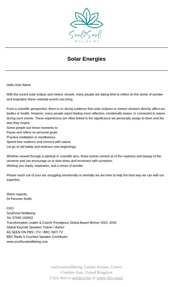 Parveen Smith email: Reflecting on the Energy of the Solar Eclipse and Meteor Shower