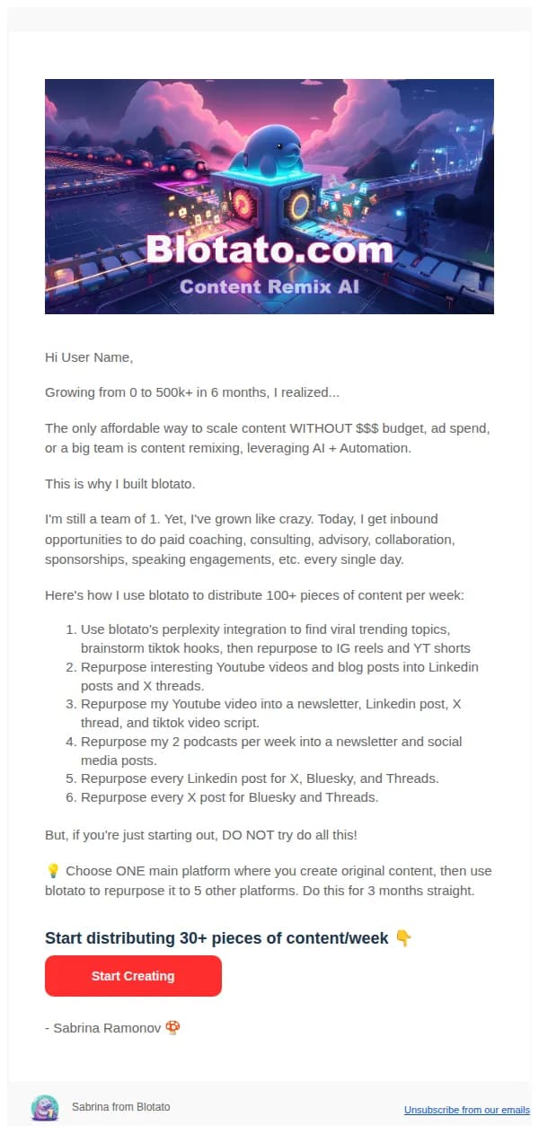 Blotato email: Distribute 30+ posts per week | blotato