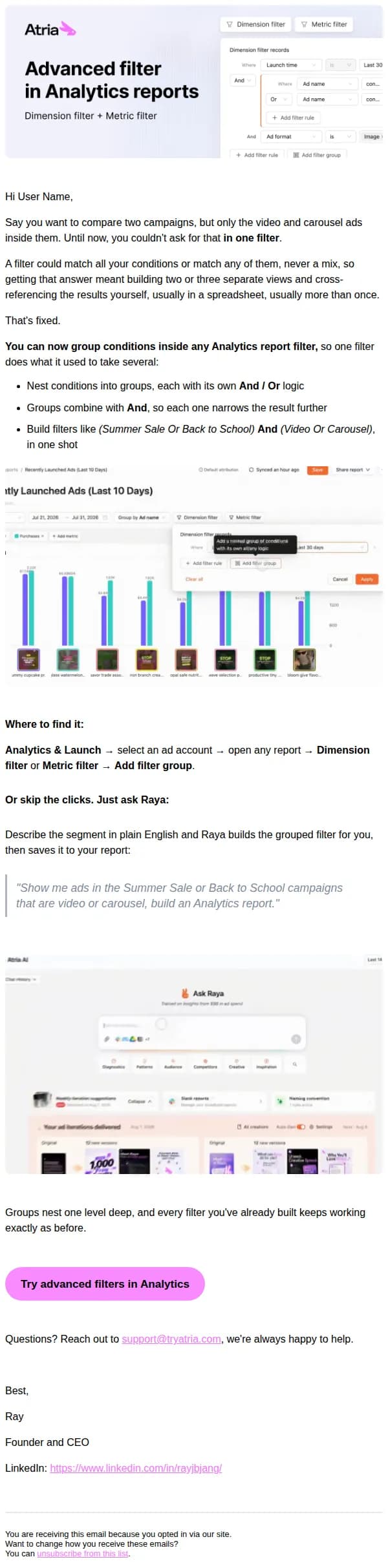 Atria email: 📊 Advanced filters are live in Analytics reports