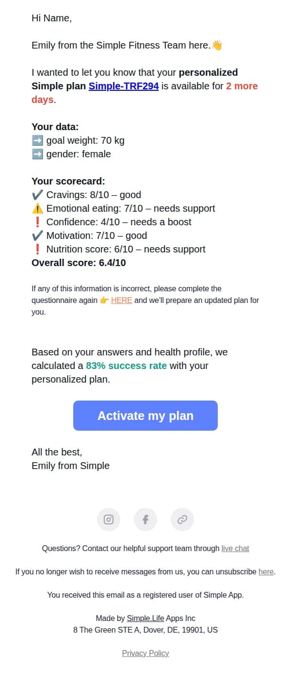 Simple email: Your updated weight loss score: 6.4/10 — your plan will be deleted in 2 days ⏳