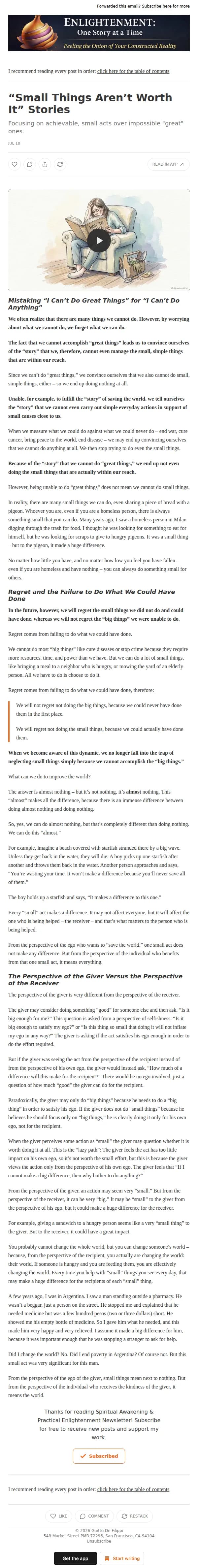 Practical Enlightenment with Giotto email: “Small Things Aren’t Worth It” Stories