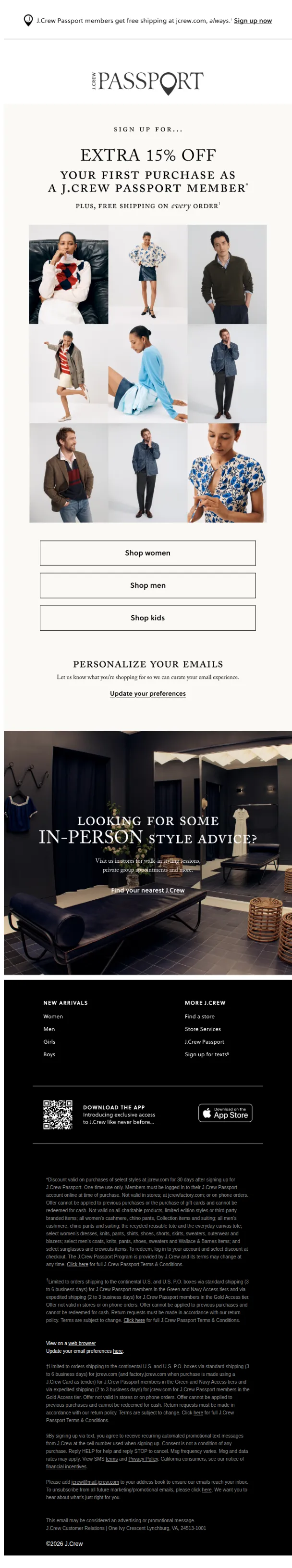 J.Crew email: J.Crew Passport perks start with extra 15% off