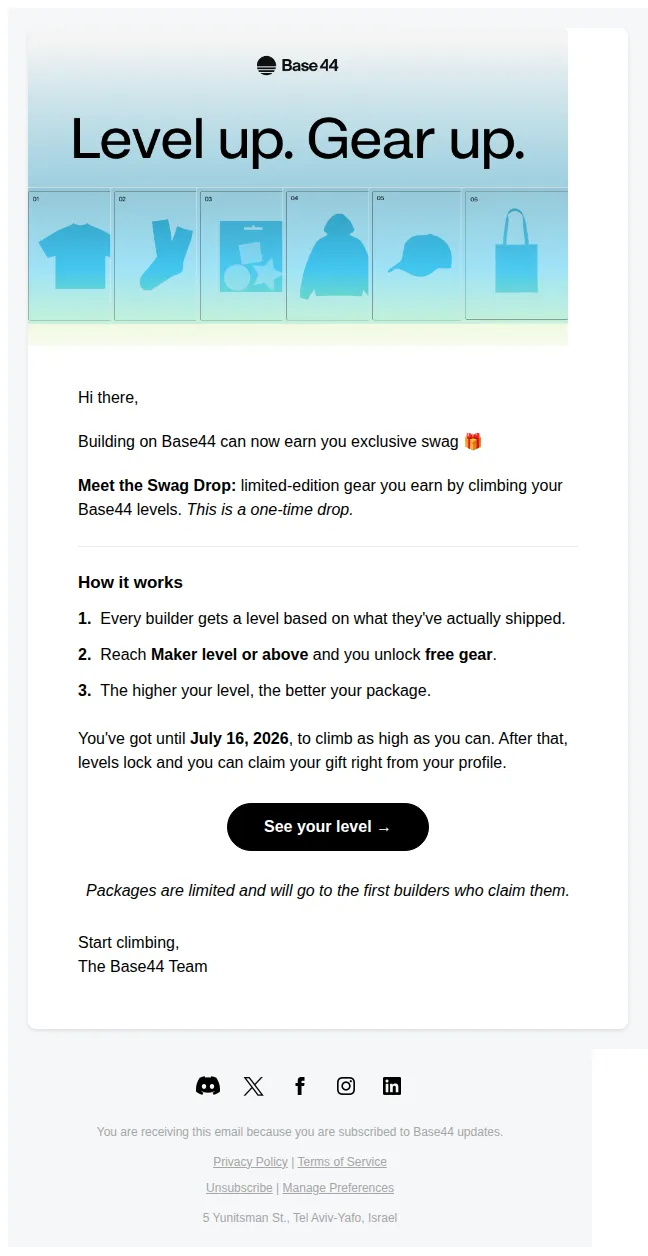 Base44 email: Your Base44 level might earn you exclusive swag 🎁