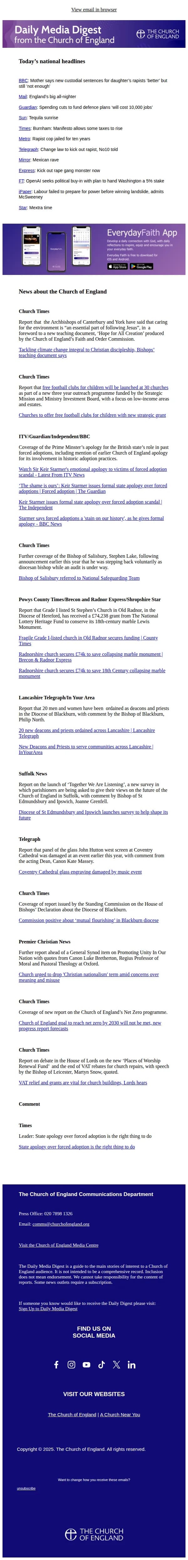 Church of England email: Today's Daily Media Digest