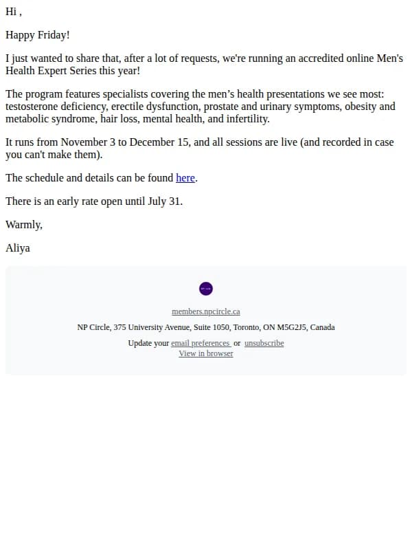 NP Circle email: Upcoming Men's Health Expert Series