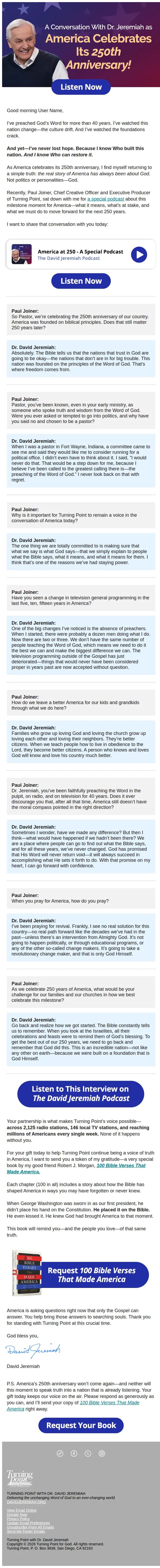 Turning Point with David Jeremiah email: A conversation about America with Dr. Jeremiah
