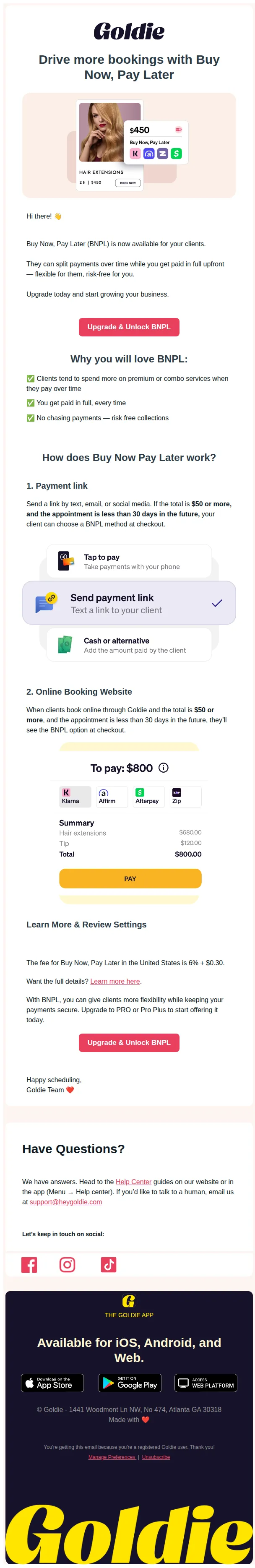 Goldie email: 🎉 New in Goldie: Buy Now, Pay Later is ON