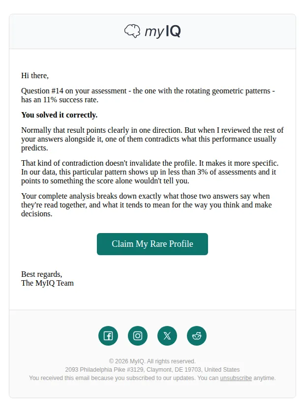 myIQ email: Your answer to question #14 was fascinating