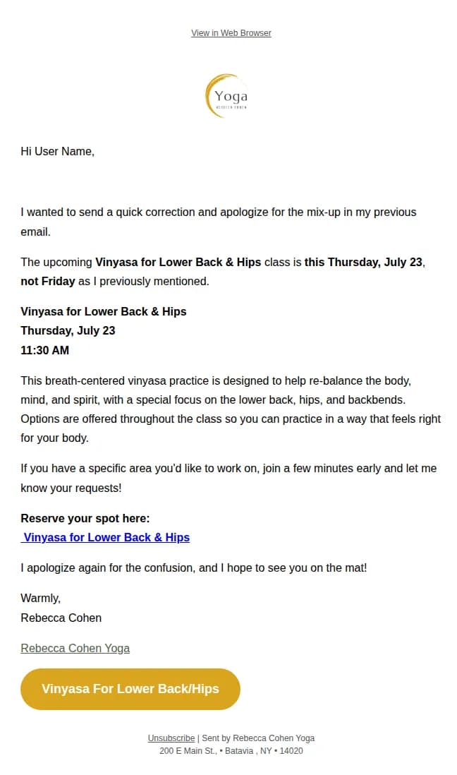 Rebecca Cohen email: Correction: Live Class Is This Thursday, July 23