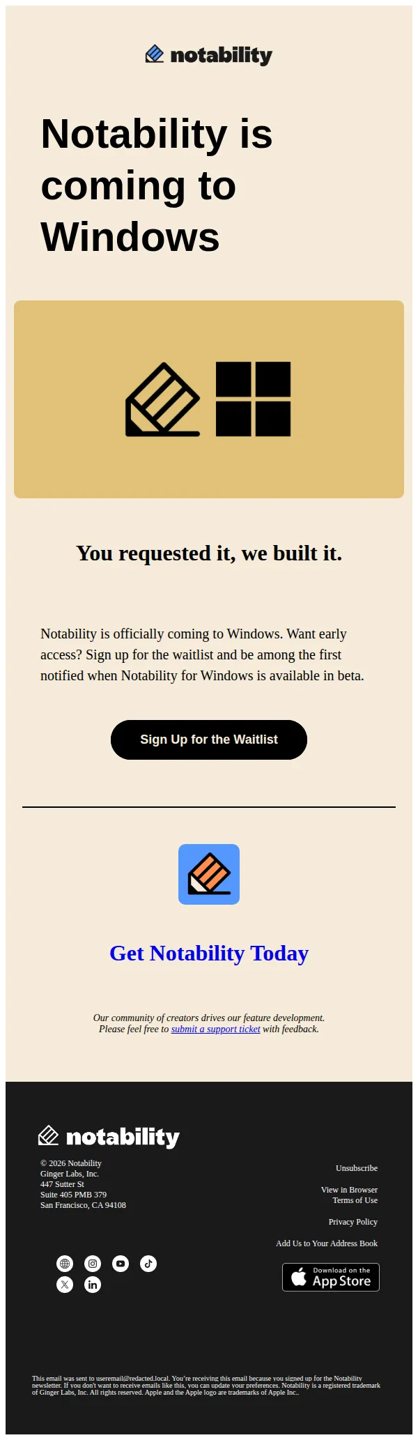 Notability email: Notability is Coming to Windows.