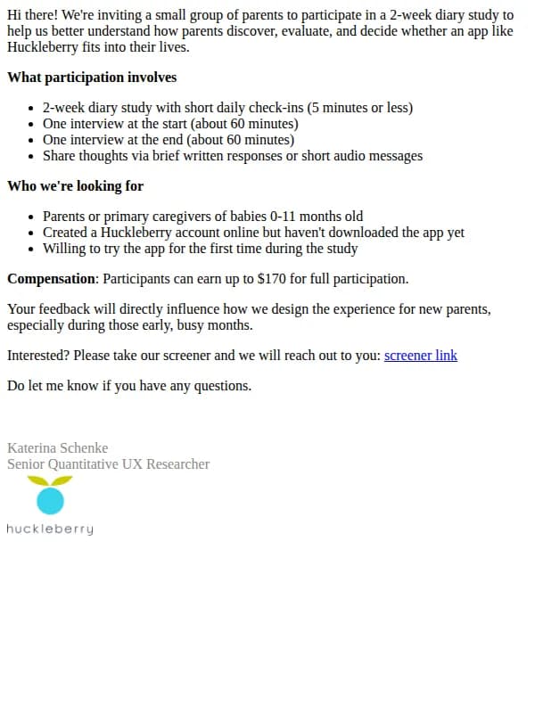 Huckleberry email: Help us improve the Huckleberry experience for parents like you