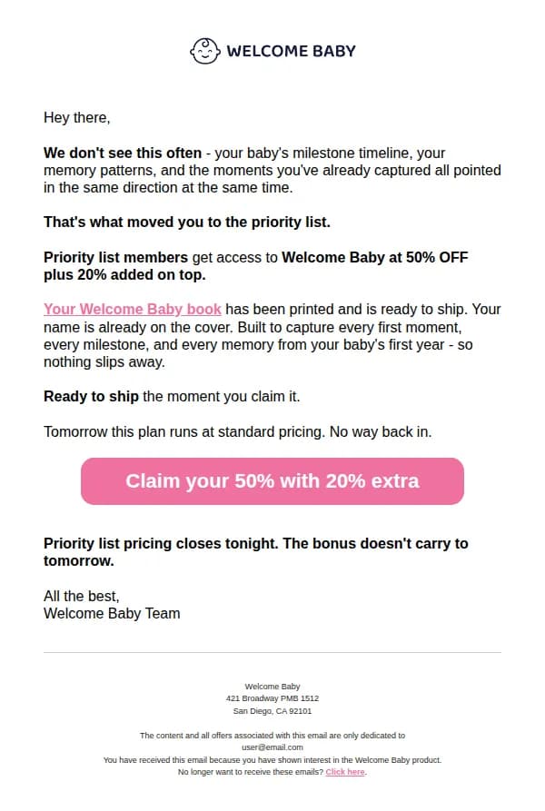 Welcome Baby email: Your account - #WB3K8N7 is on a priority list now
