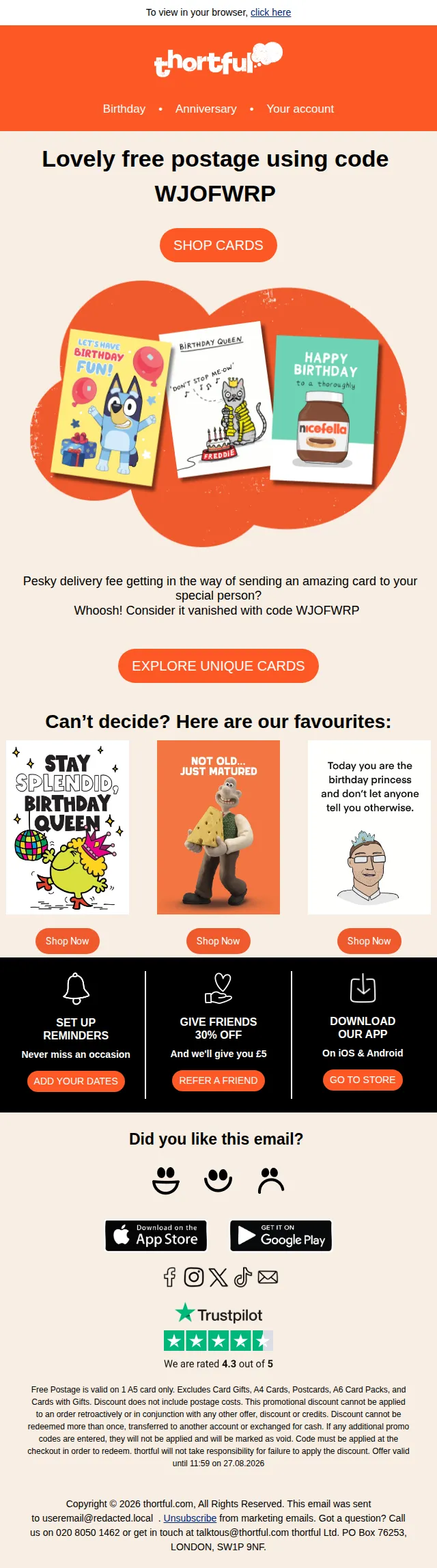 thortful email: Your free postage code is waiting
