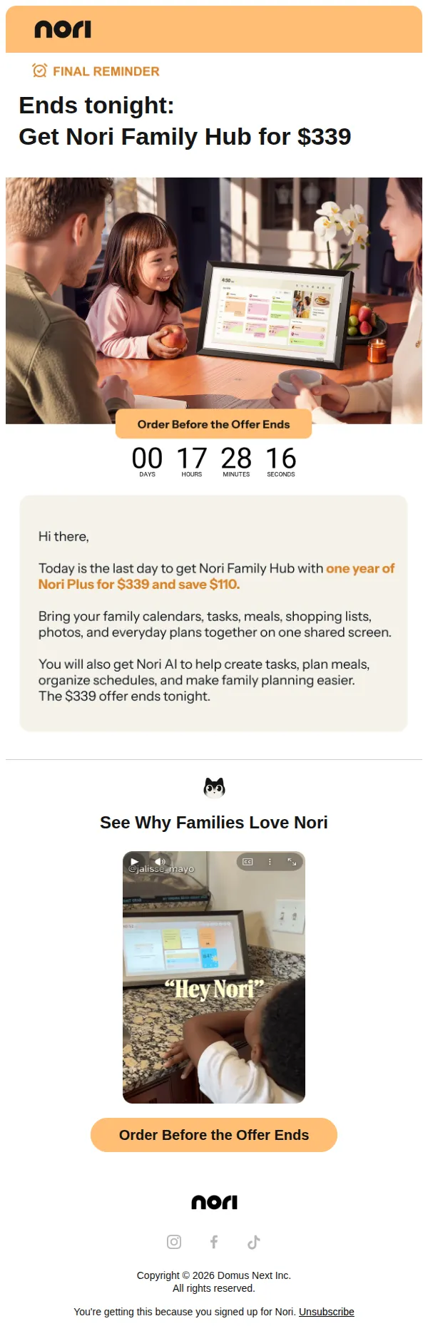 HeyNori email: Ends tonight: Get Nori Family Hub for $339 ⚡