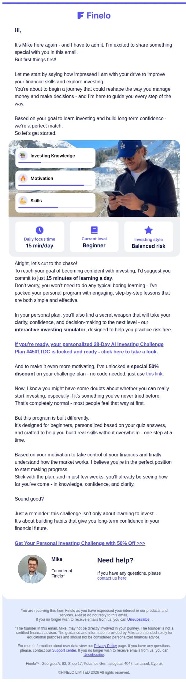 Finelo email: I'll help you go from beginner to confident investor
