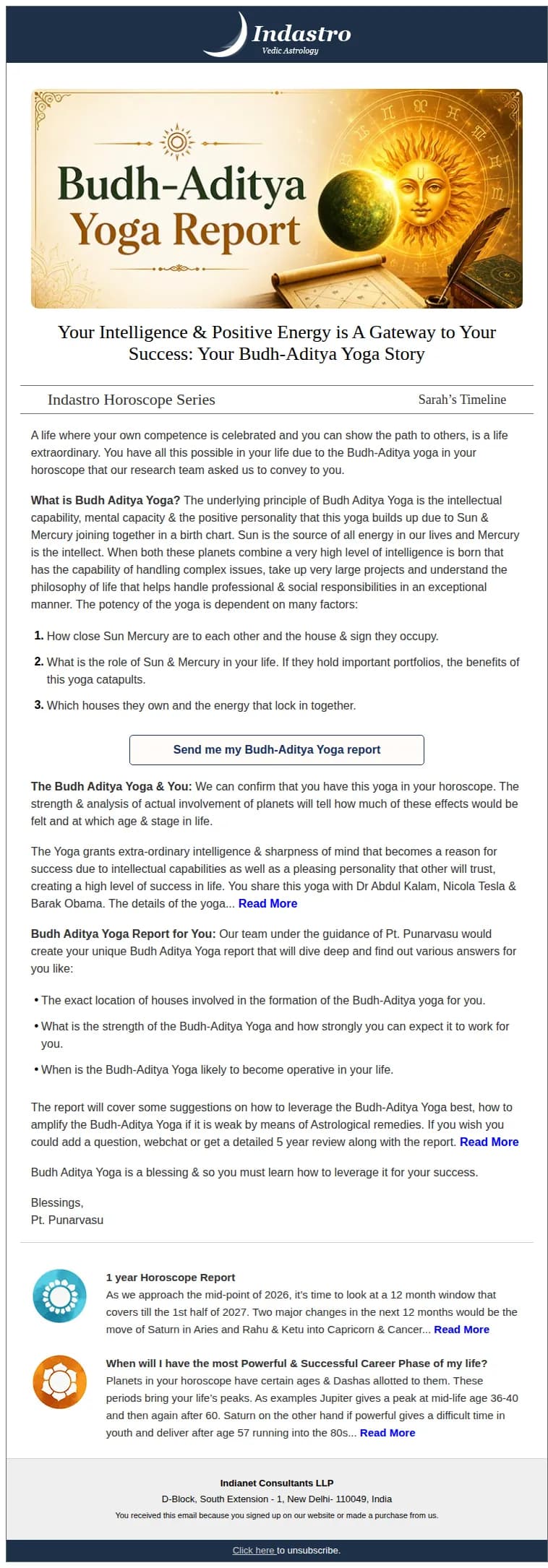 Indastro Vedic Astrology email: Sarah, Budh-Aditya Yoga Illuminates you: Your Brilliance is the Key to Your Success