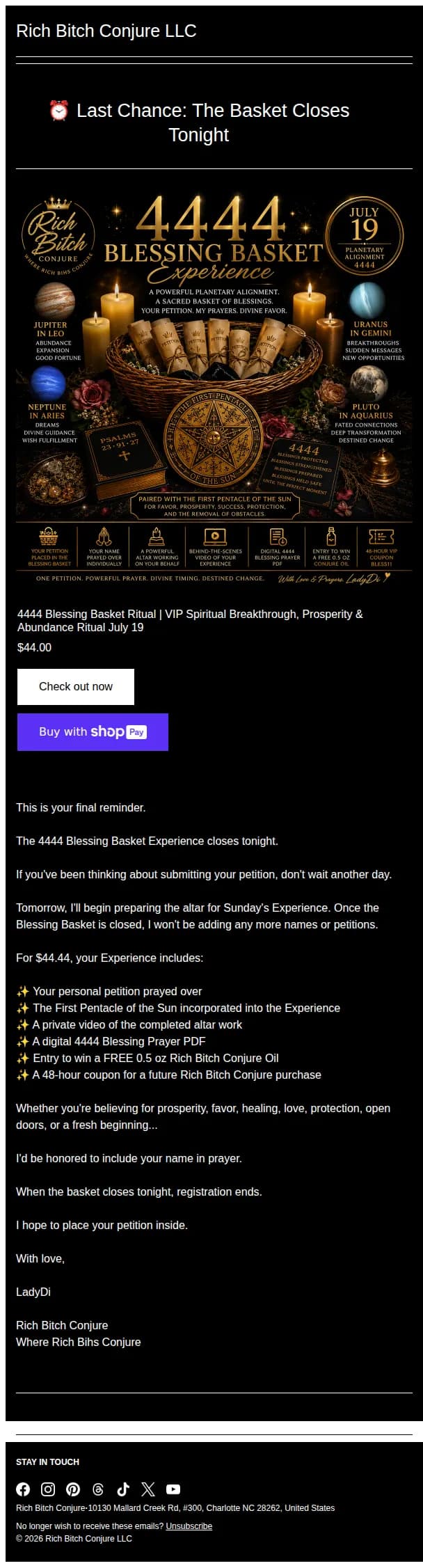 Rich Bitch Conjure email: ⏰ Last Chance: The Basket Closes Tonight