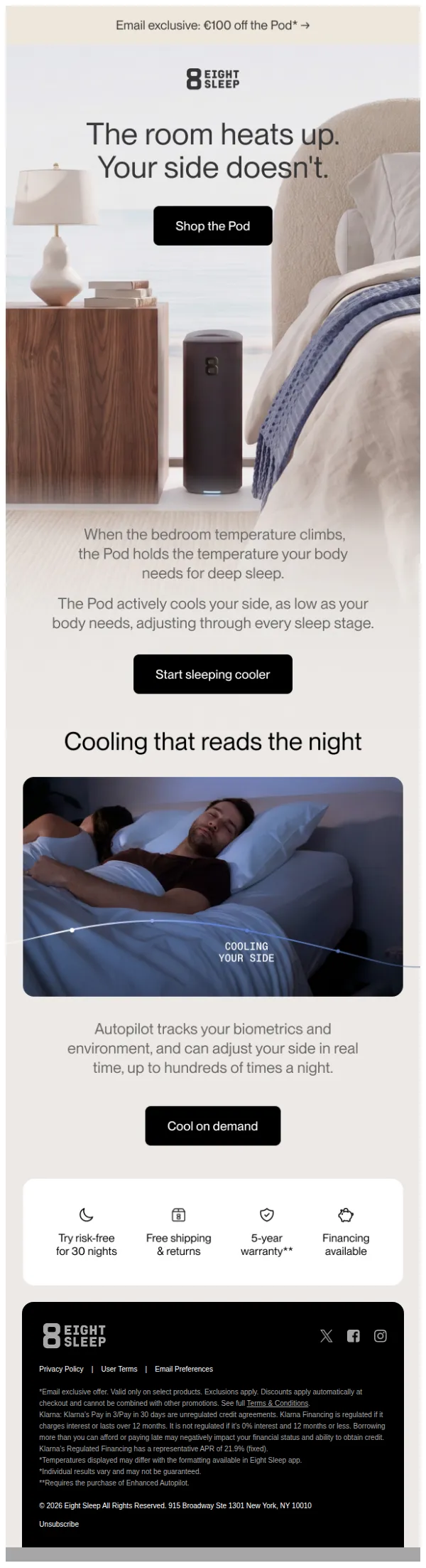 Eight Sleep email: Your side stays cool while the room temperature climbs*
